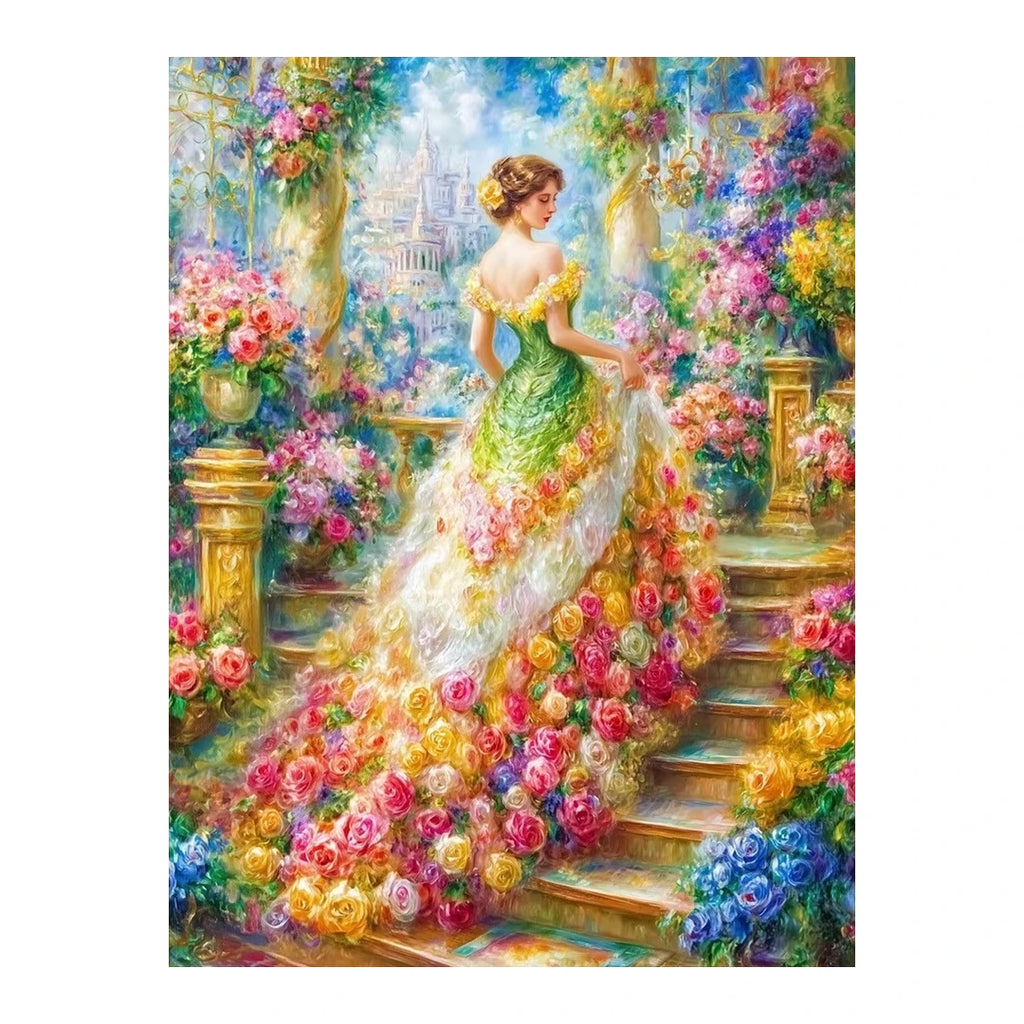 Woman in a green gown among roses on a garden staircase, original artwork on a white background