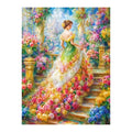 Woman in a green gown among roses on a garden staircase, original artwork on a white background