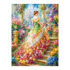 Woman in a green gown among roses on a garden staircase, original artwork on a white background