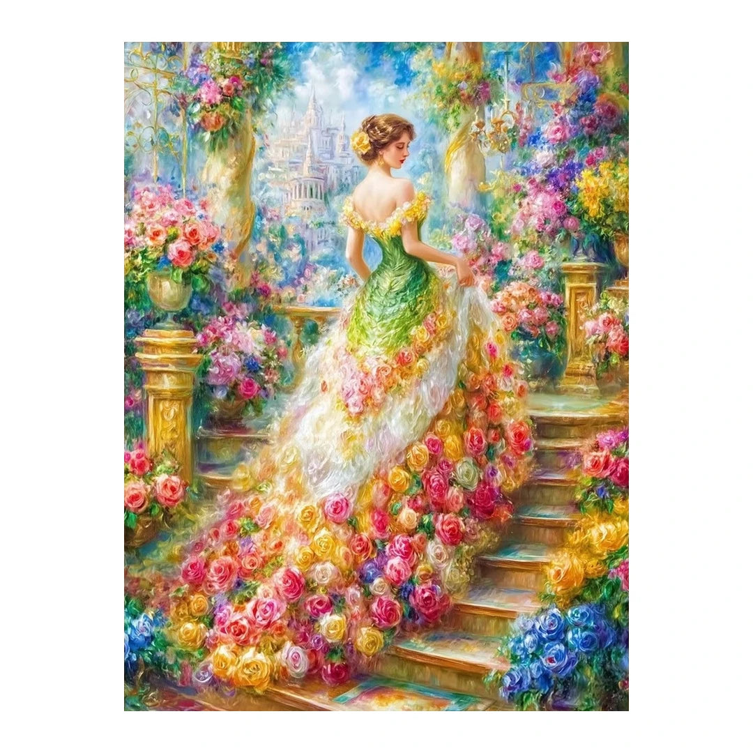 Woman in a green gown among roses on a garden staircase, original artwork on a white background