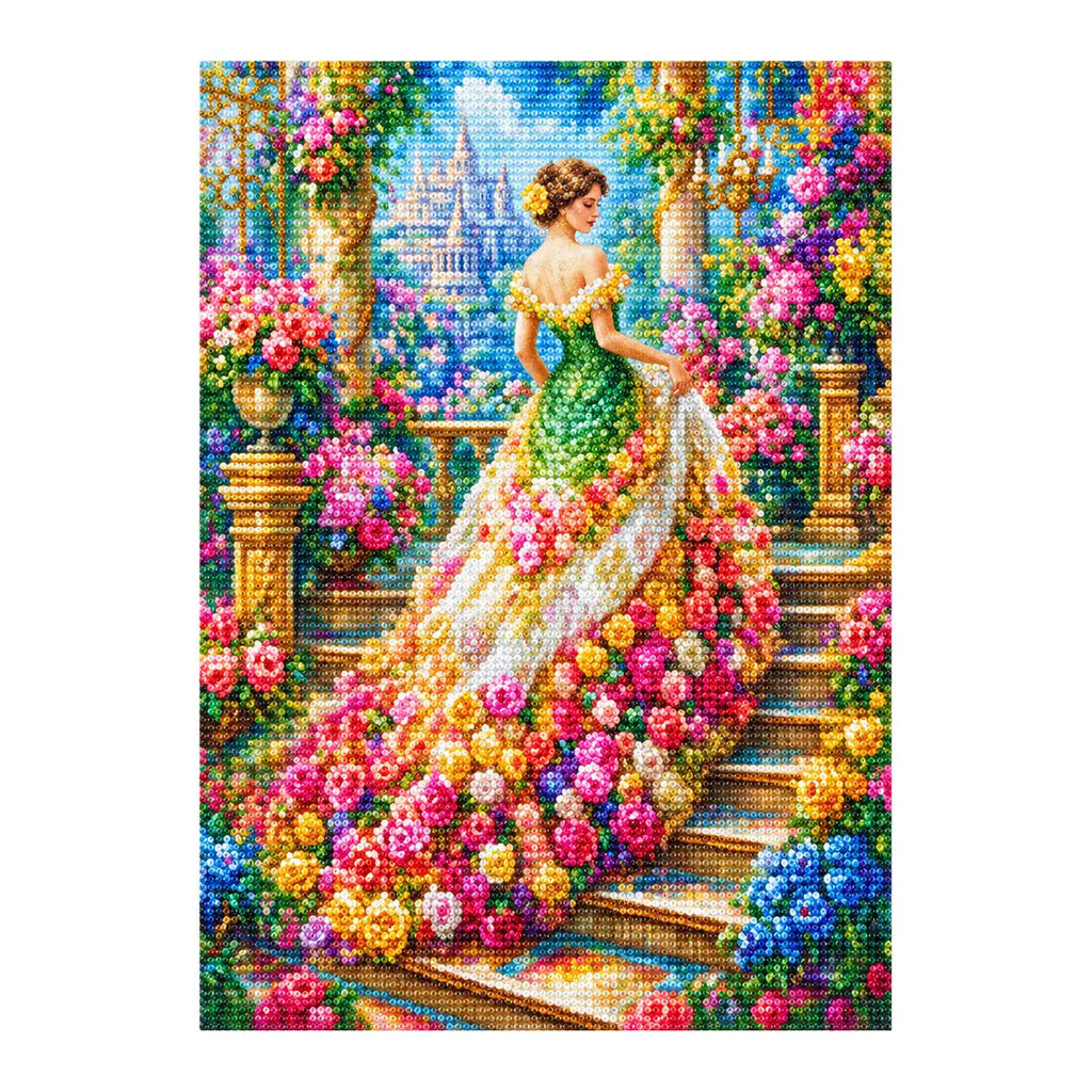 Woman in a green gown among roses on a garden staircase, finished diamond painting on a white background