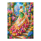 Woman in a green gown among roses on a garden staircase, finished diamond painting on a white background