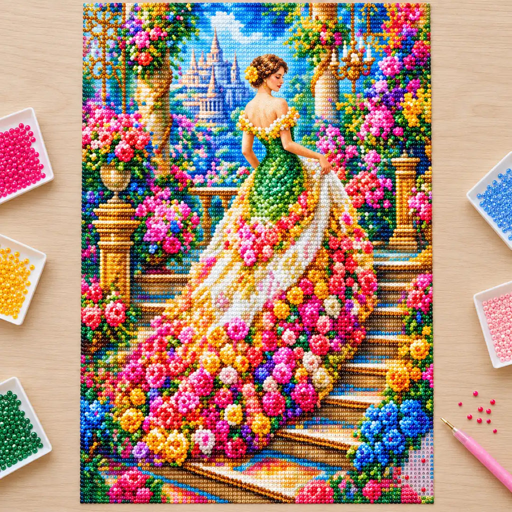 Diamond painting process showing a woman in a green gown among roses on a garden staircase being completed with a stylus