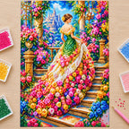 Diamond painting process showing a woman in a green gown among roses on a garden staircase being completed with a stylus