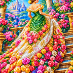Close-up of the green gown, roses, and garden staircase diamond drills