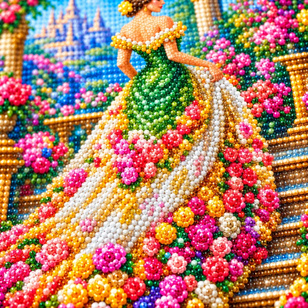 Close-up of the green gown, roses, and garden staircase diamond drills