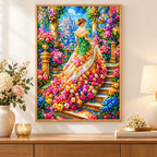 Green gown rose staircase diamond painting displayed as home decor