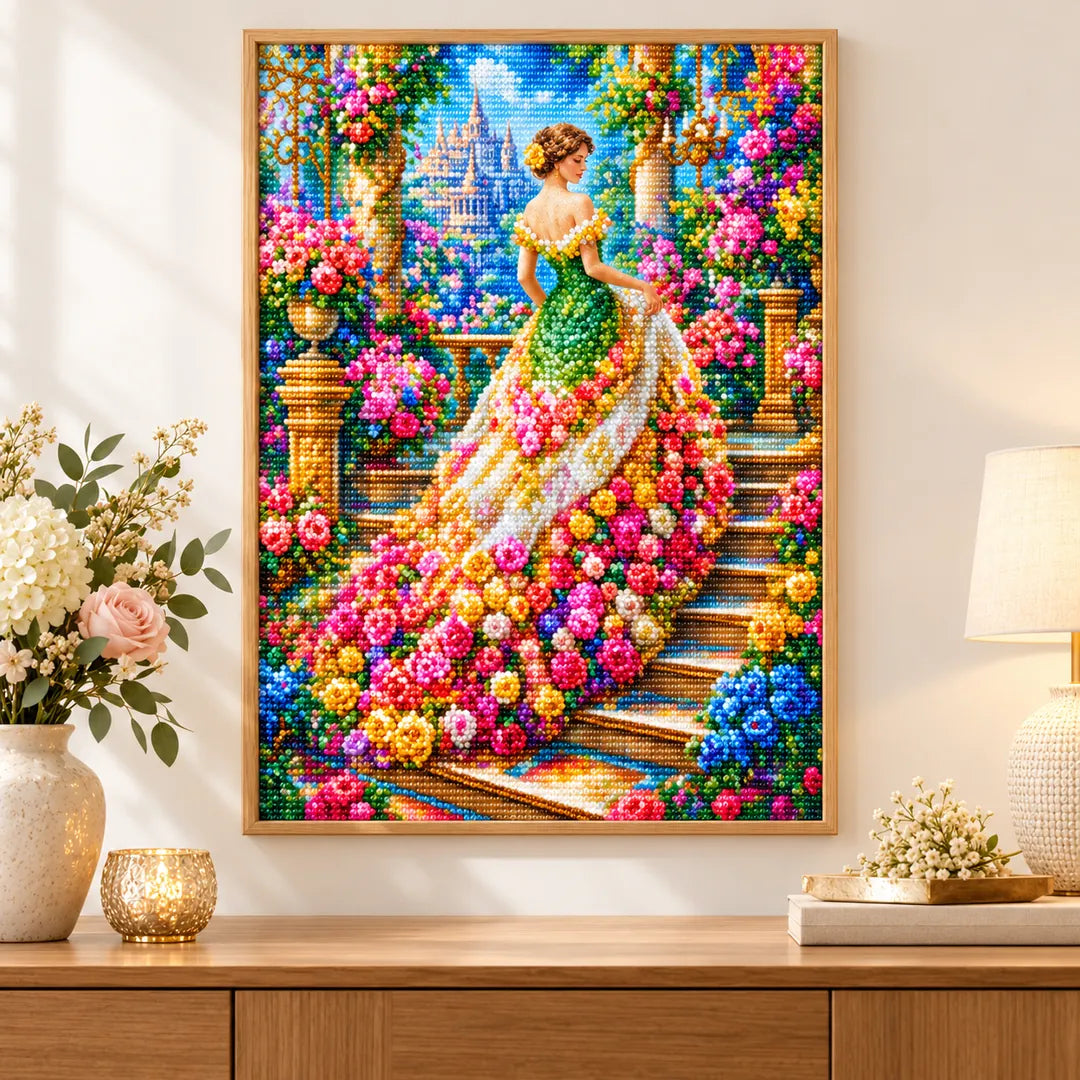 Green gown rose staircase diamond painting displayed as home decor