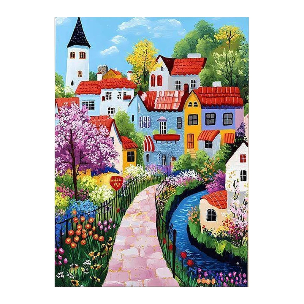 lavender canal village original artwork on a white background