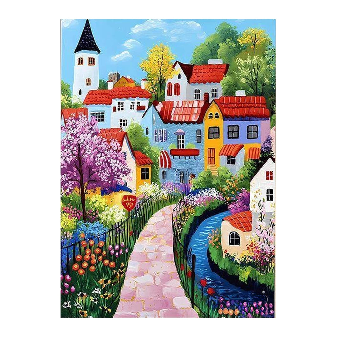 lavender canal village original artwork on a white background