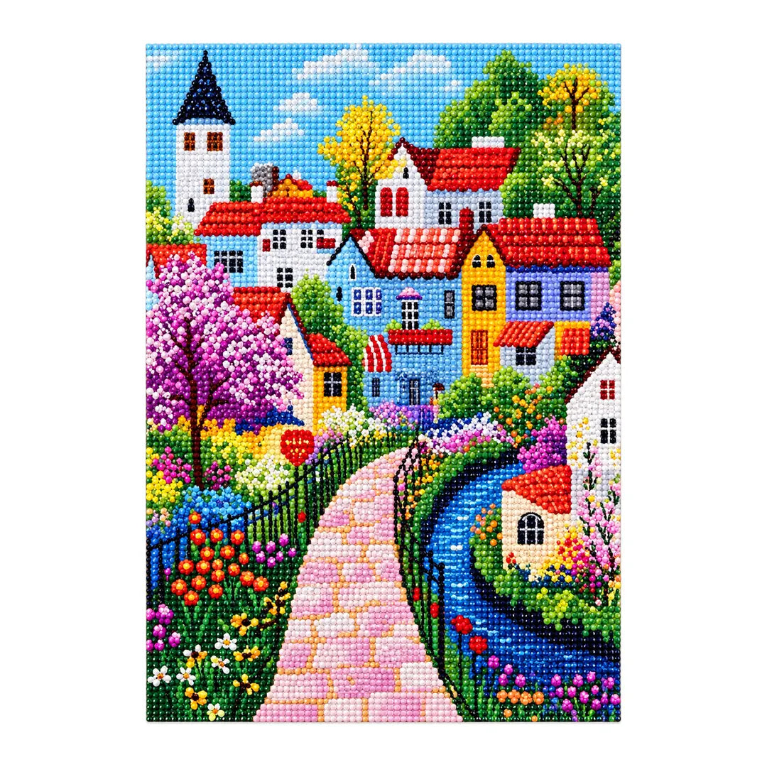lavender canal village diamond painting finished artwork on a white background