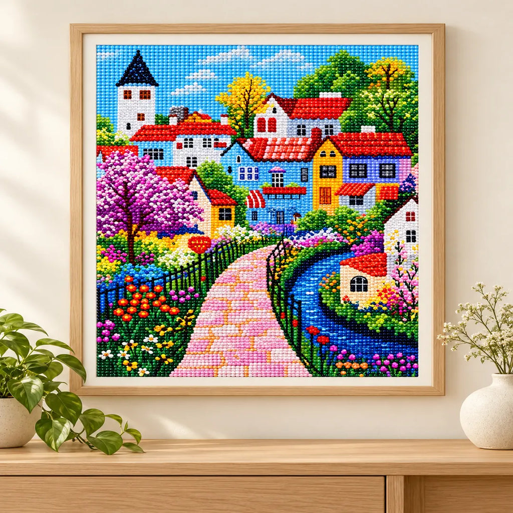 lavender canal village diamond painting displayed in a home