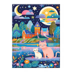 Moonlit village with two cats beside the water, original artwork on a white background