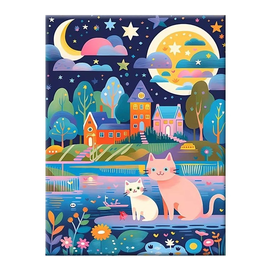 Moonlit village with two cats beside the water, original artwork on a white background
