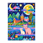 Moonlit village with two cats beside the water, finished diamond painting on a white background