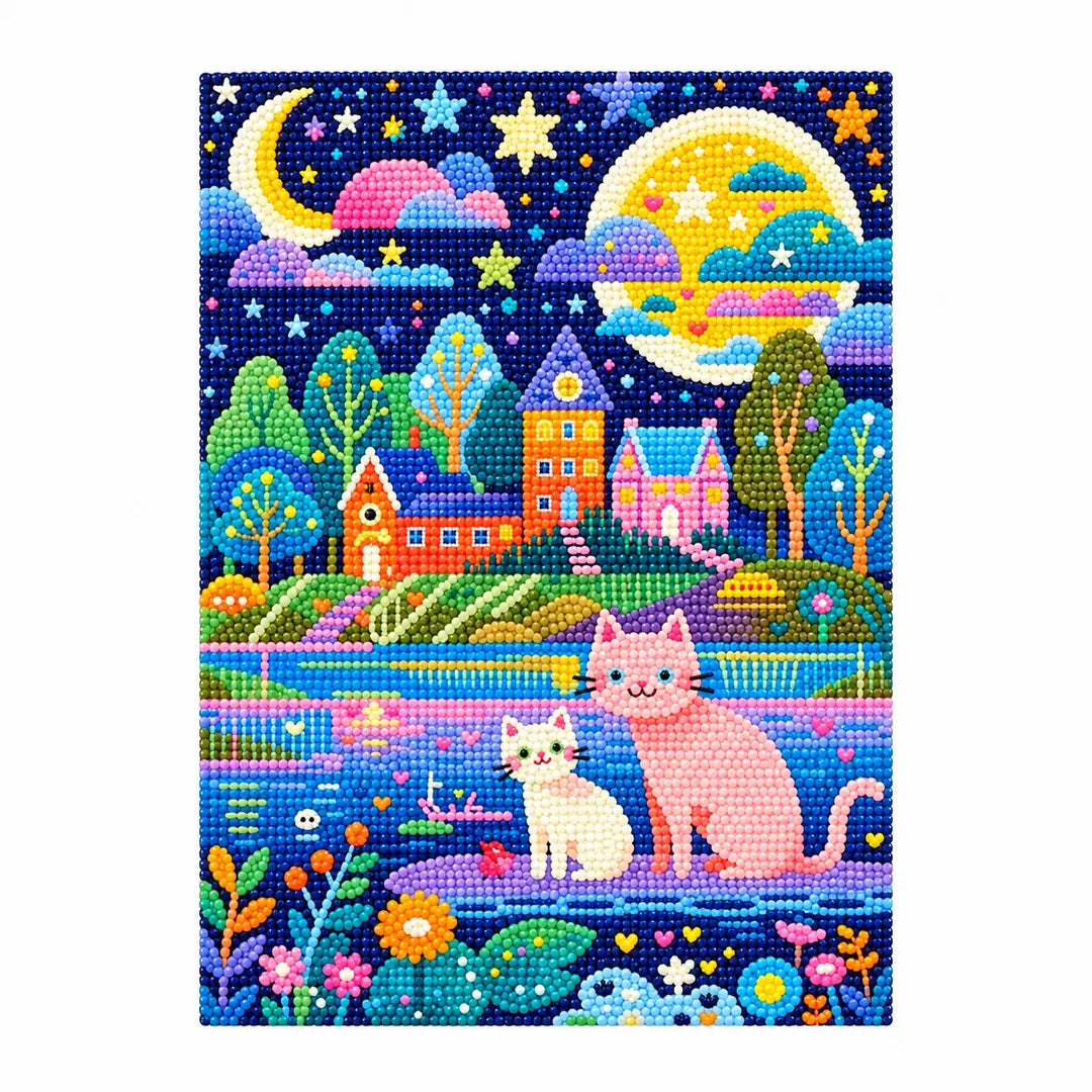 Moonlit village with two cats beside the water, finished diamond painting on a white background