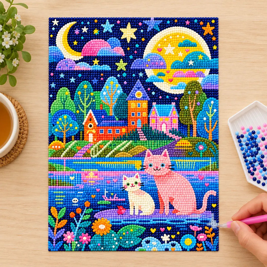 Diamond painting process showing the moonlit village cats design being completed with a stylus