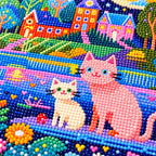 Close-up of the cats, flowers, and colorful village drills in the moonlit lake design