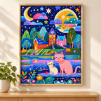 Moonlit village cats diamond painting displayed as home decor