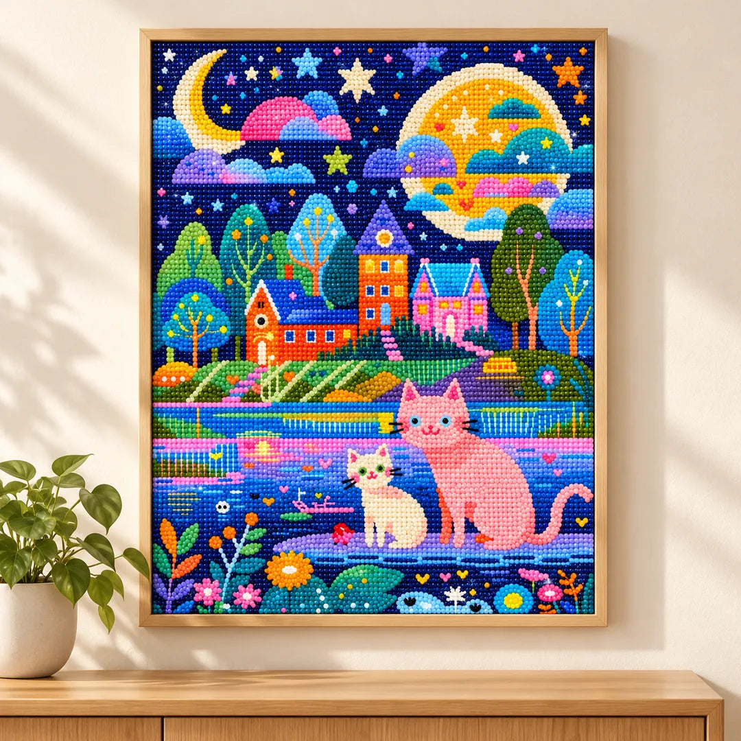 Moonlit village cats diamond painting displayed as home decor