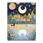 Cats in boats on a moonlit flower-lined lake, original artwork on a white background
