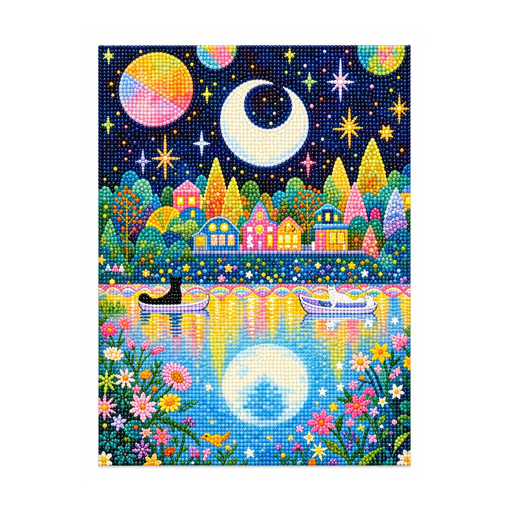 Cats in boats on a moonlit flower-lined lake, finished diamond painting on a white background