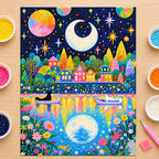 Diamond painting process showing cats in boats on a moonlit lake being completed with a stylus