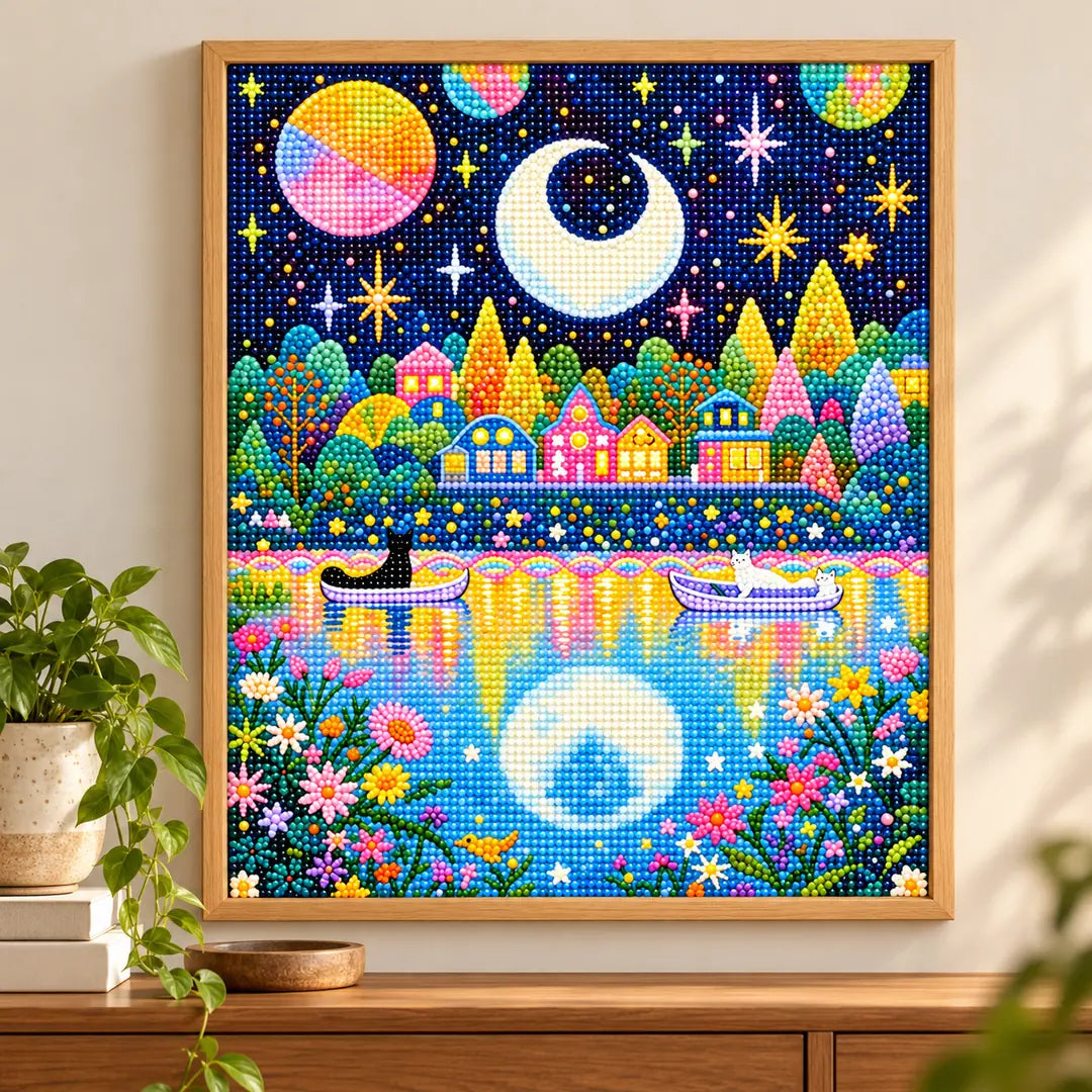 Cats in boats on a moonlit lake diamond painting displayed as home decor