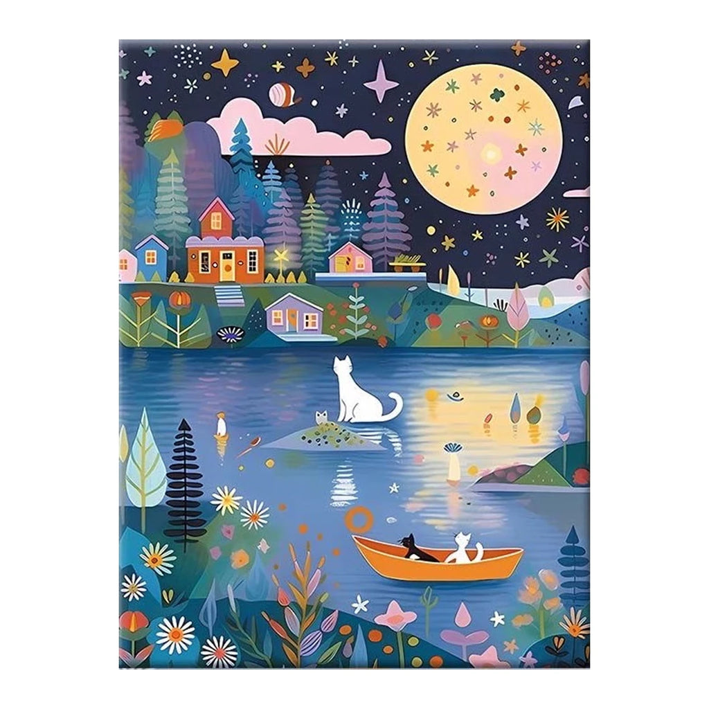 Cats in boats on a moonlit village lake, original artwork on a white background