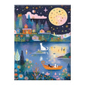 Cats in boats on a moonlit village lake, original artwork on a white background