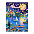 Cats in boats on a moonlit village lake, finished diamond painting on a white background