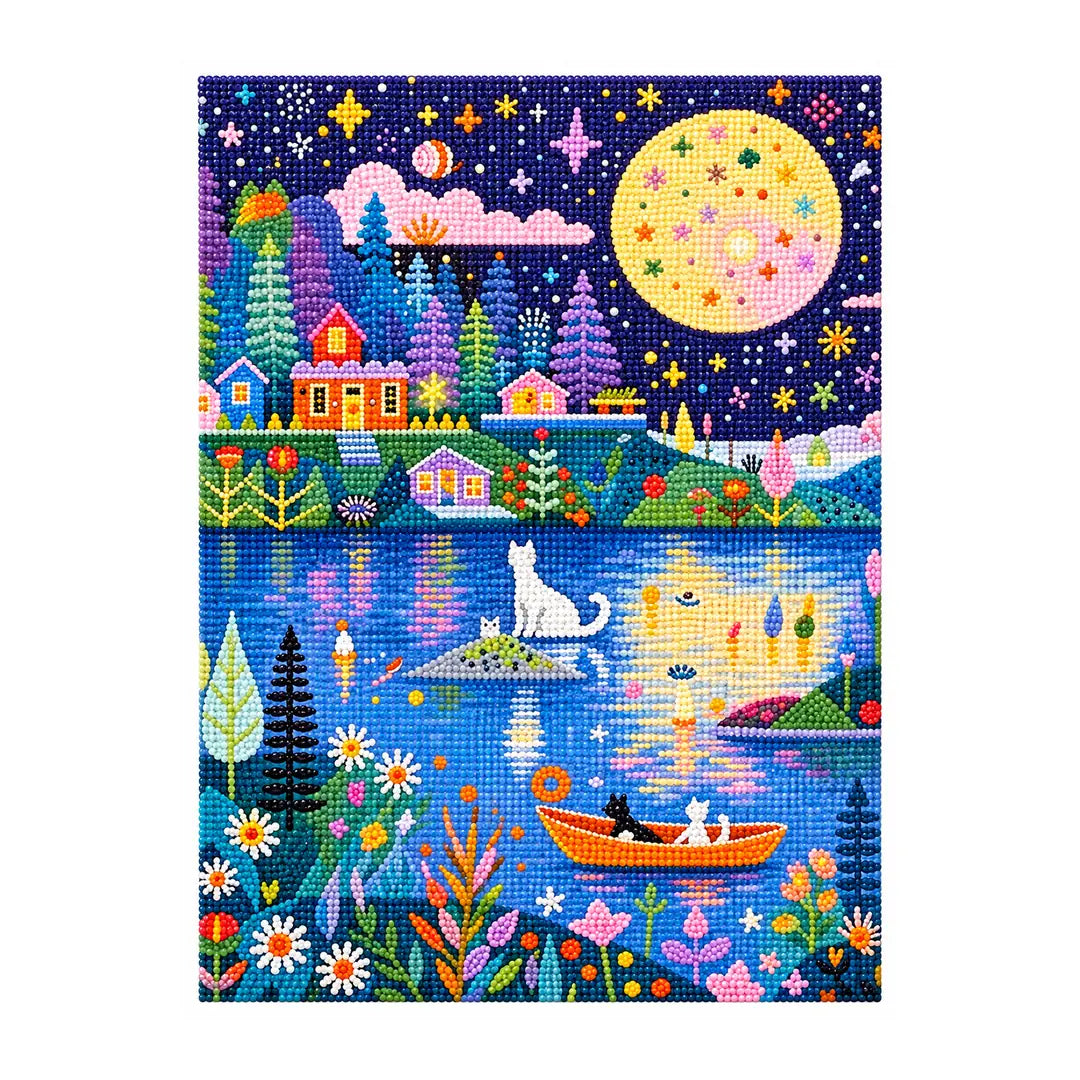 Cats in boats on a moonlit village lake, finished diamond painting on a white background