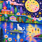 Close-up of the cats, boats, stars, and flowers in the moonlit village lake design