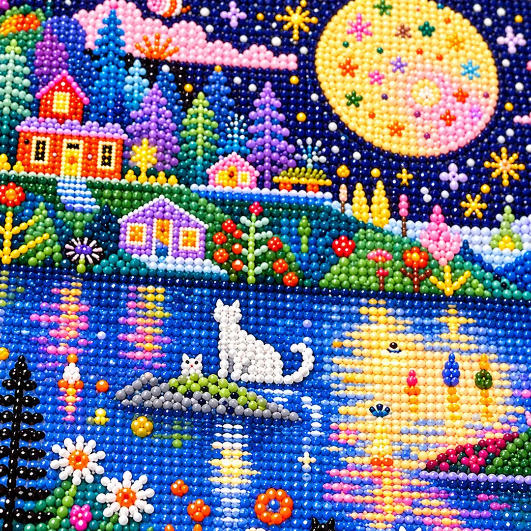 Close-up of the cats, boats, stars, and flowers in the moonlit village lake design