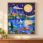 Cats in boats on a moonlit village lake diamond painting displayed as home decor