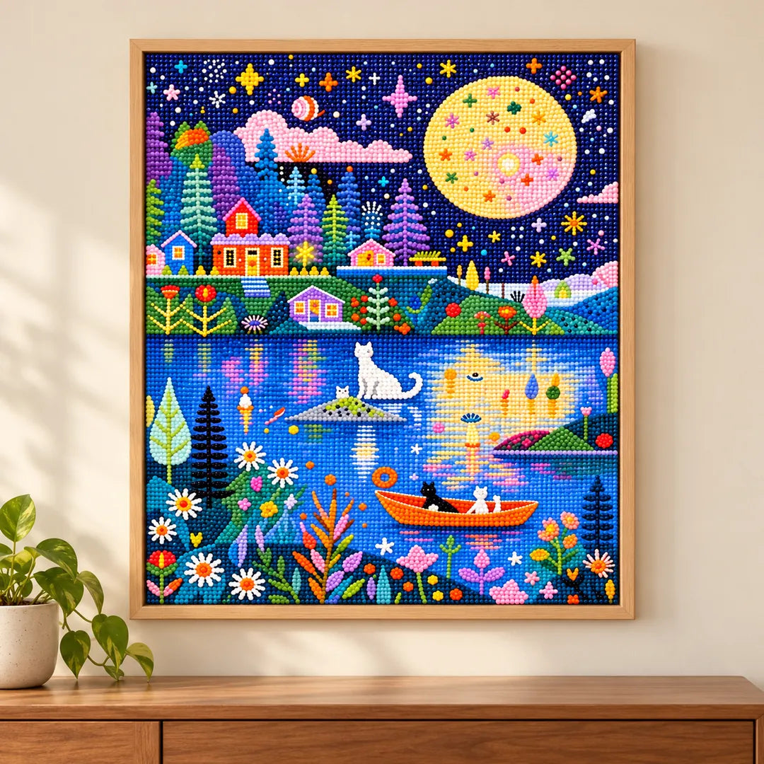 Cats in boats on a moonlit village lake diamond painting displayed as home decor
