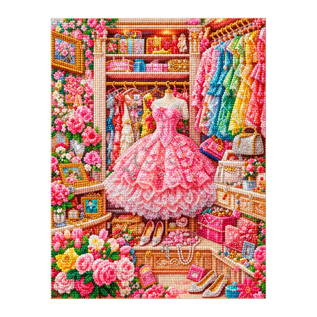 pink gown dressing room diamond painting finished artwork on a white background