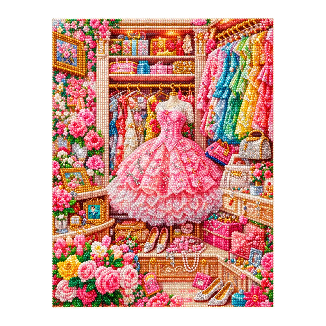 pink gown dressing room diamond painting finished artwork on a white background