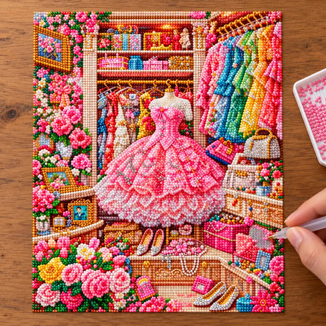 pink gown dressing room diamond painting process