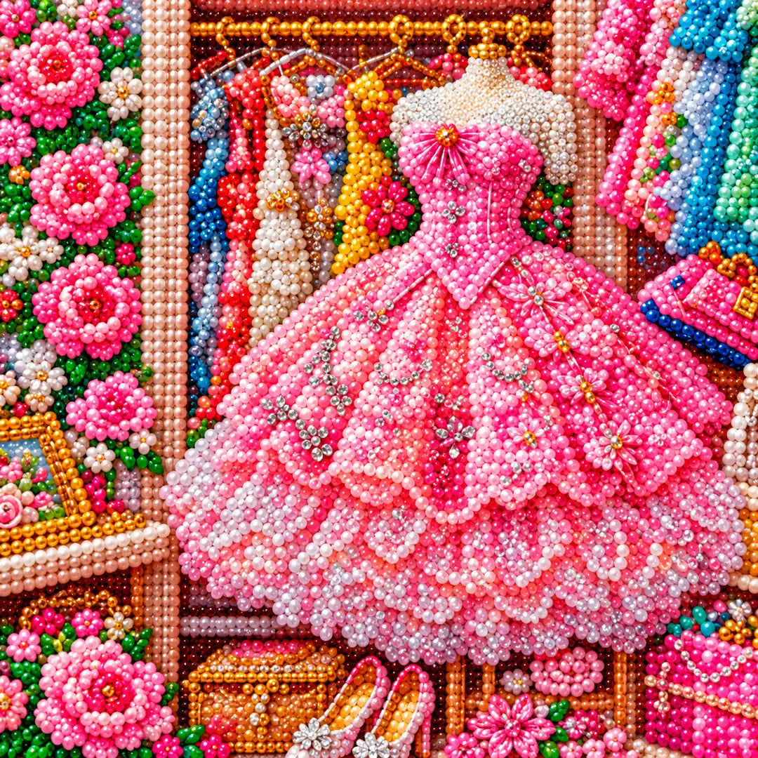 Close-up detail of pink gown dressing room diamond painting drills
