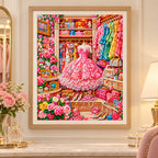 pink gown dressing room diamond painting displayed in a home