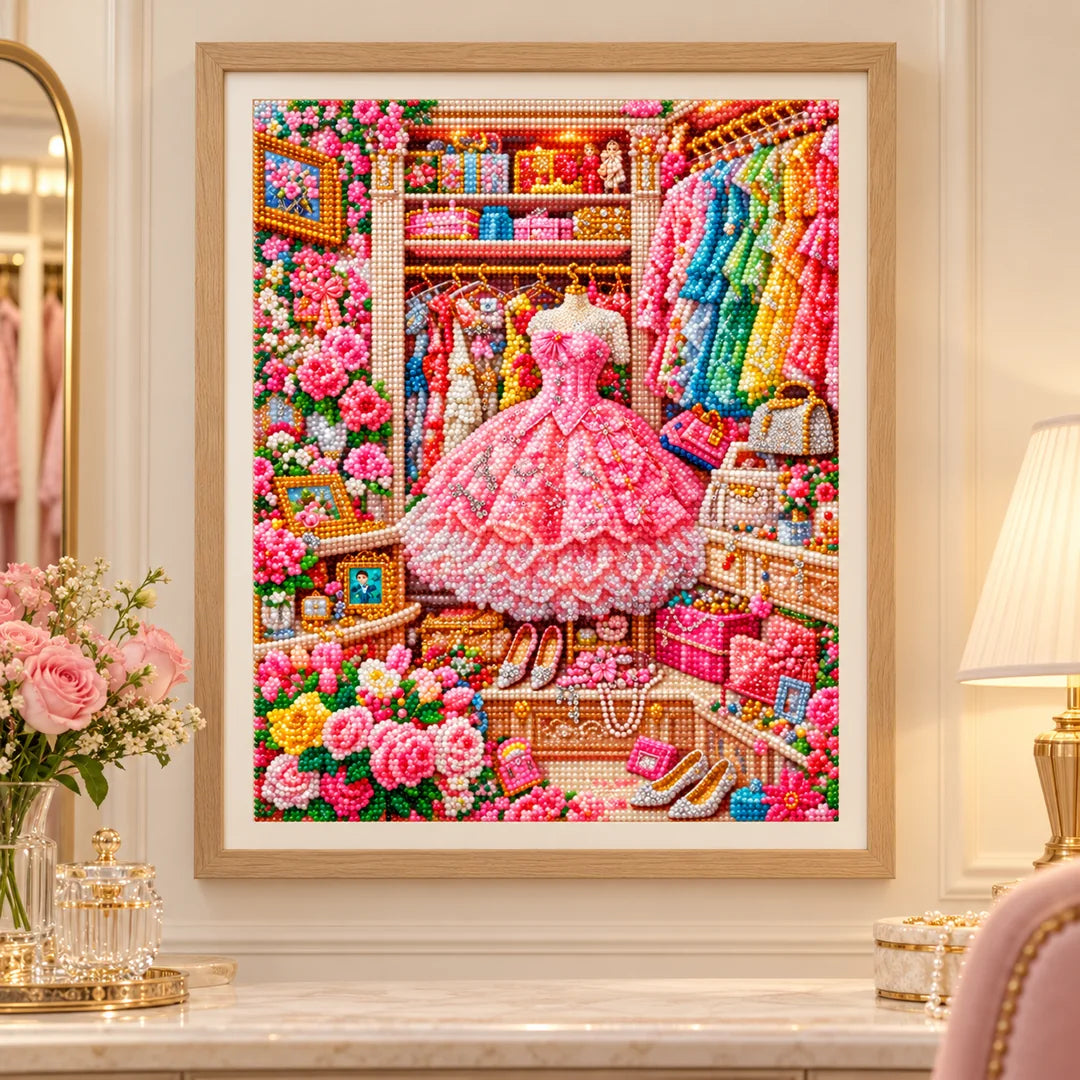 pink gown dressing room diamond painting displayed in a home