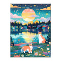 Two cats beside a sunset lake with wildflowers, original artwork on a white background