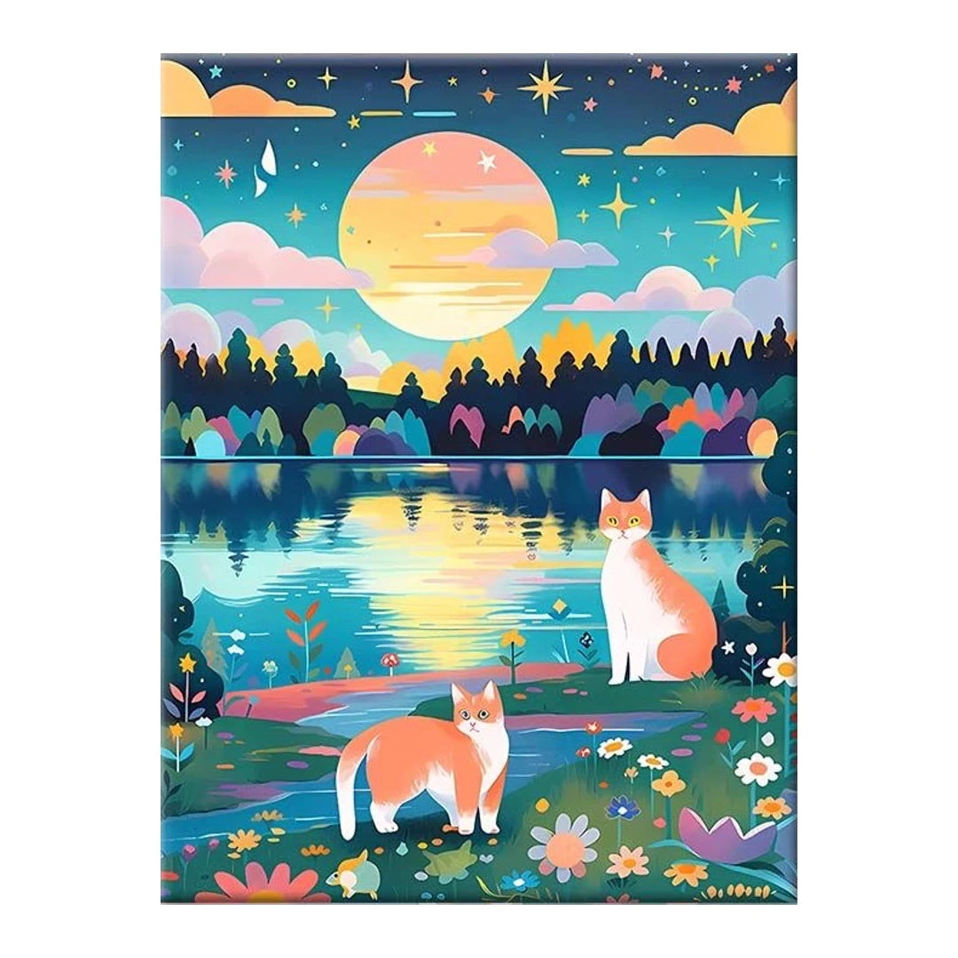 Two cats beside a sunset lake with wildflowers, original artwork on a white background