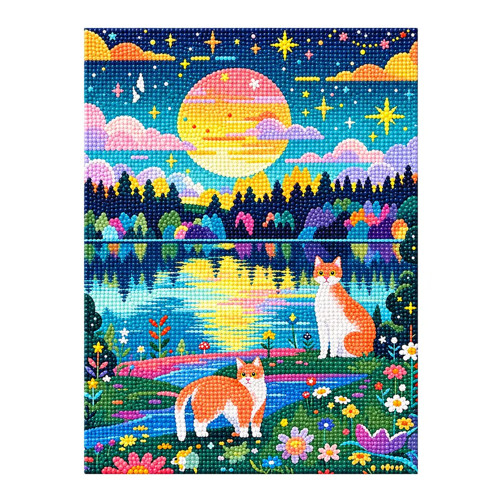 Two cats beside a sunset lake with wildflowers, finished diamond painting on a white background