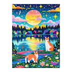 Two cats beside a sunset lake with wildflowers, finished diamond painting on a white background