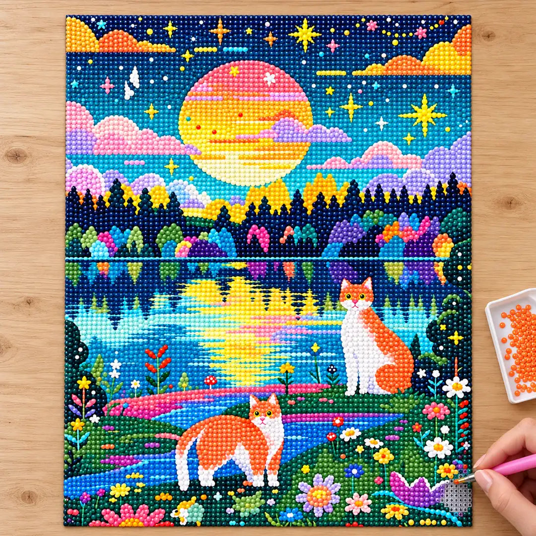 Diamond painting process showing the sunset lake cats design being completed with a stylus