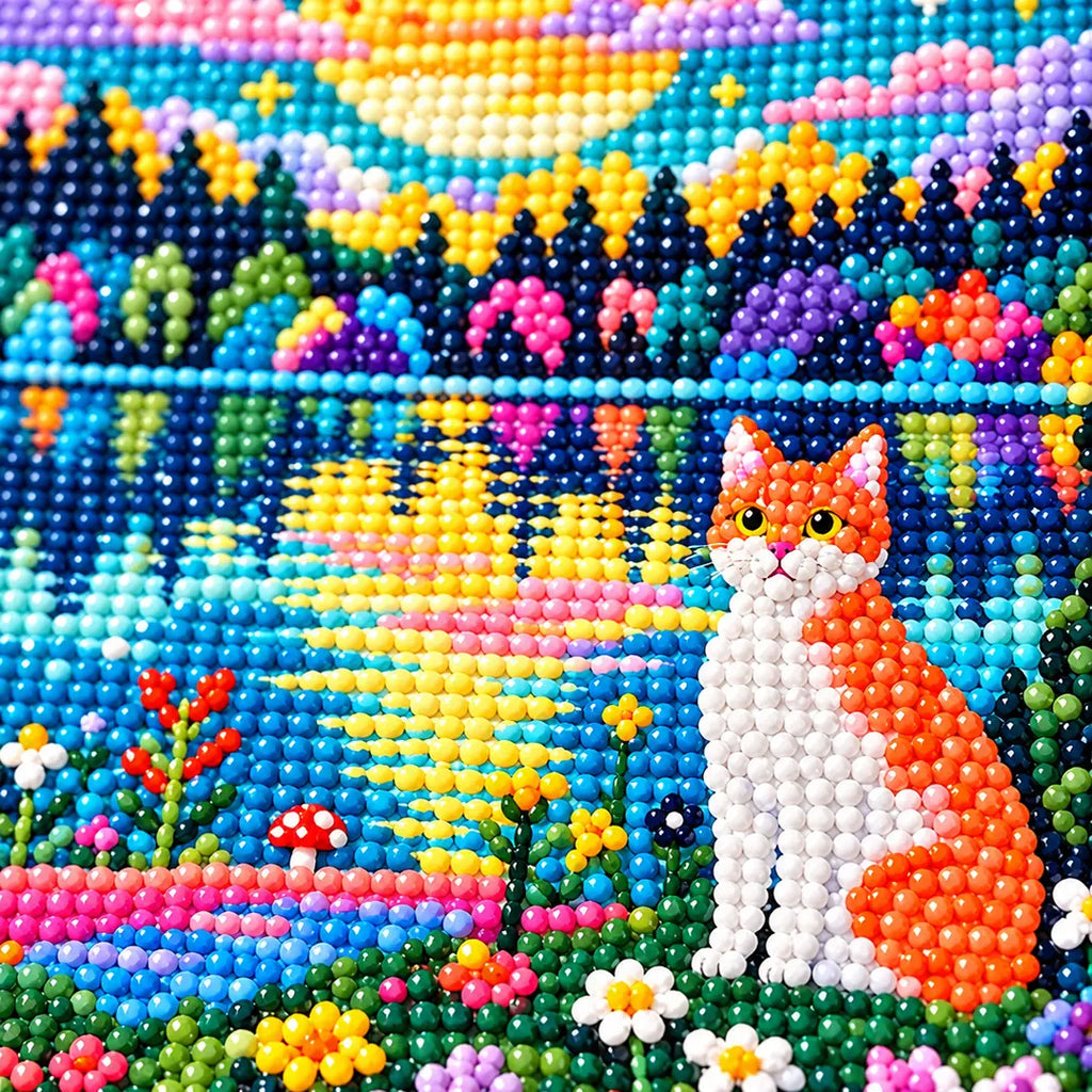 Close-up of the cats, sunset reflections, and flowers in the diamond painting