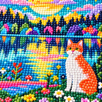 Close-up of the cats, sunset reflections, and flowers in the diamond painting
