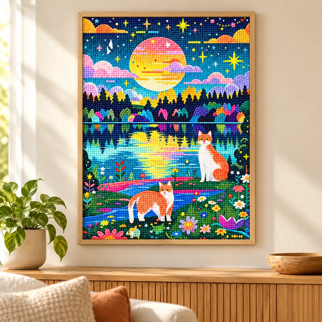 Sunset lake cats diamond painting displayed as home decor